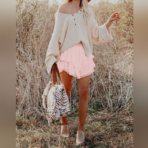 Light Pink Cream Cowgirl Style Lace Trim Ruffled Skirt - Picture 2 of 5